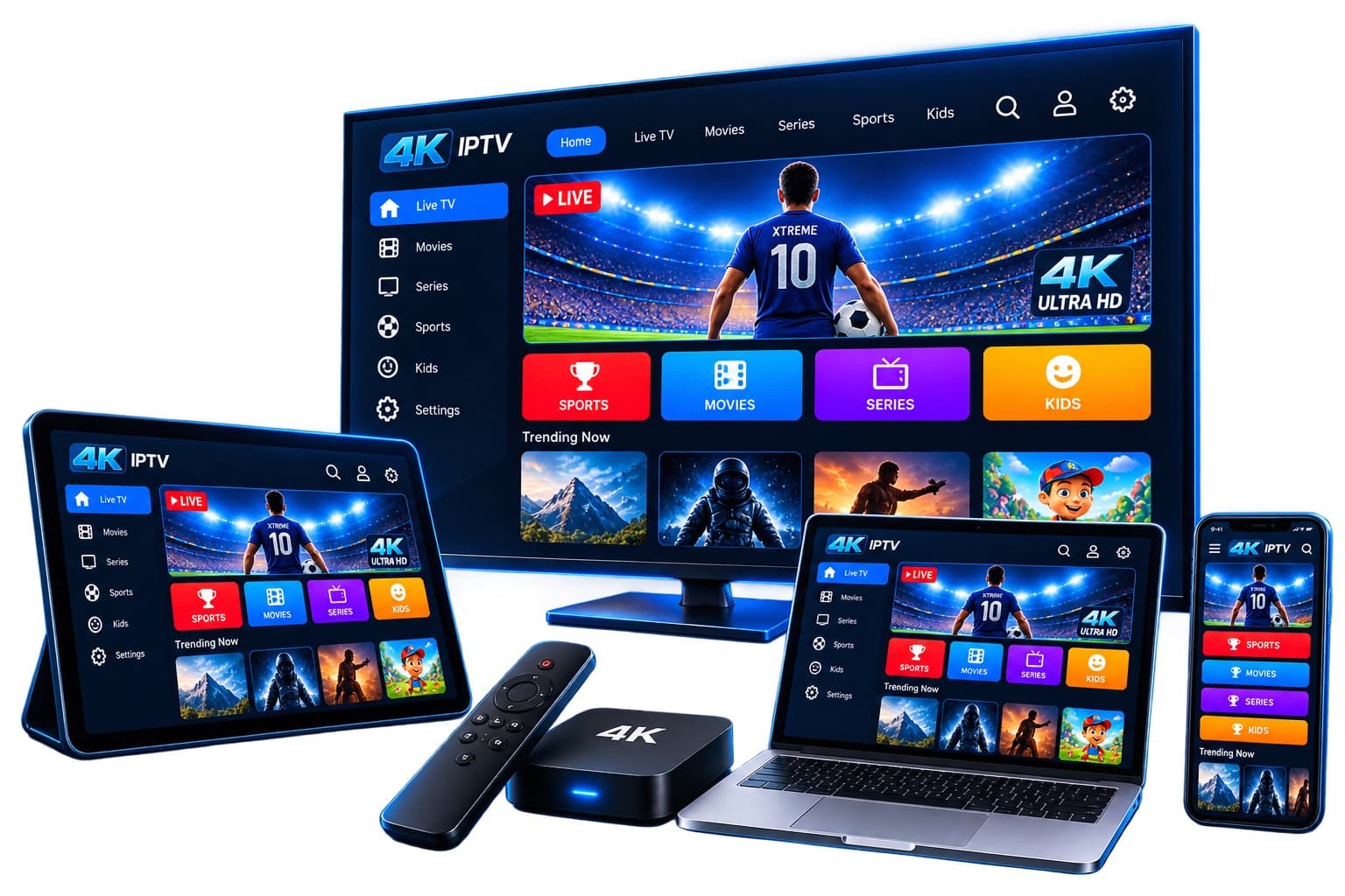 Live TV app shown on a Smart TV, tablet and phone